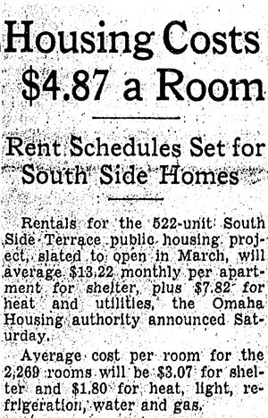 January 14, 1940 Omaha World-Herald article about rental costs at the new Southside Homes